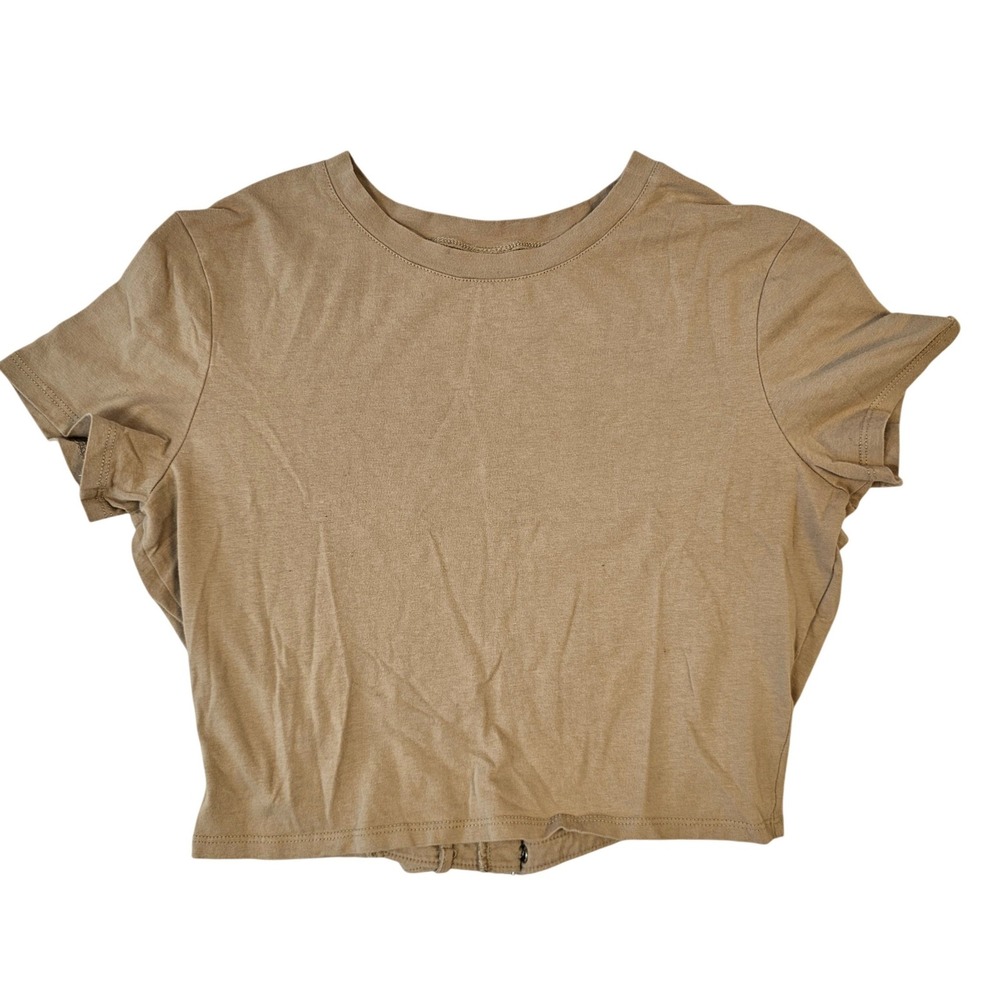 Zine Womens Large Tan Khaki Short Sleeve Hook and Eye Back Crop Top Tee